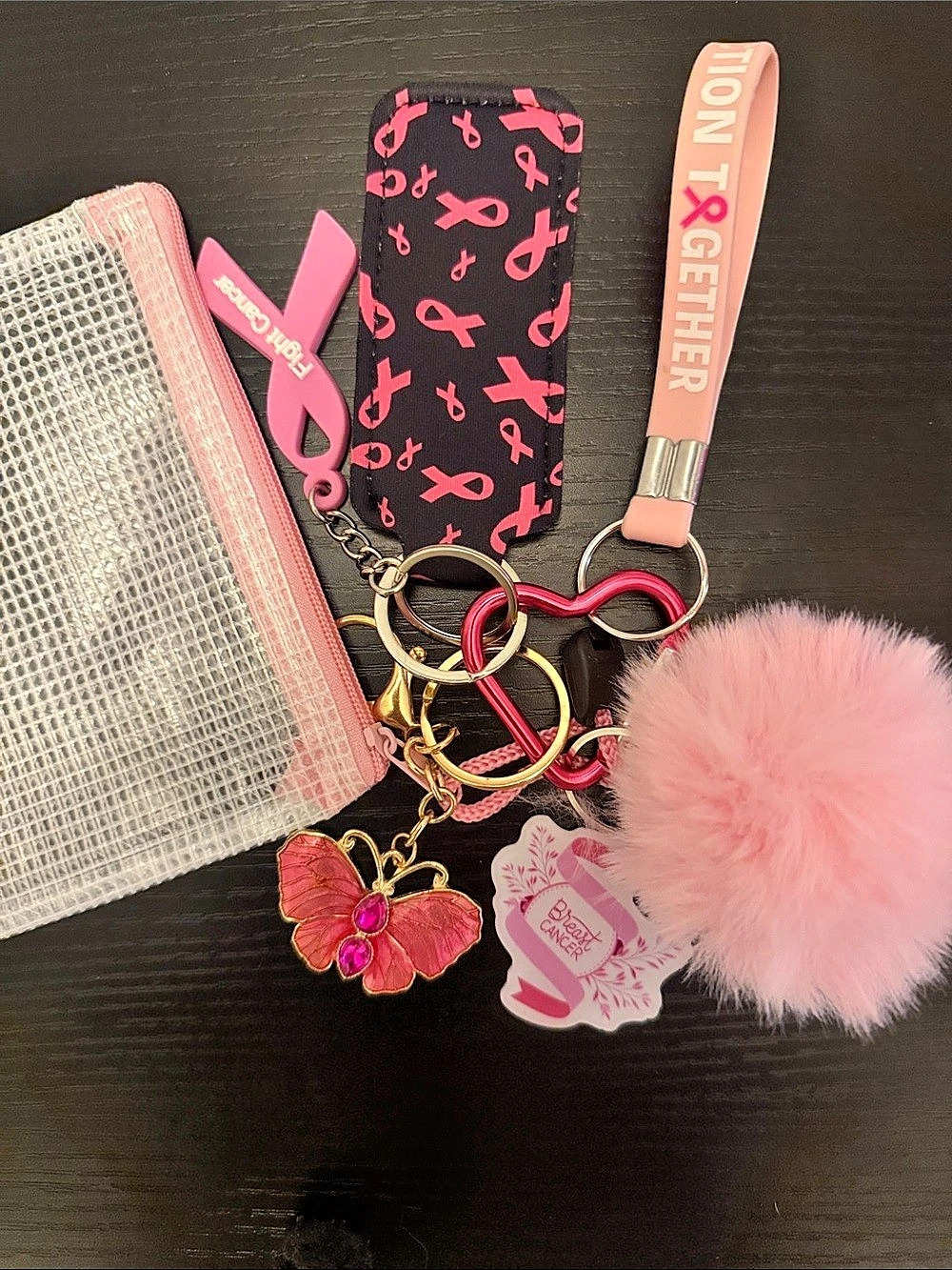 Breast Cancer Awareness Pink & Black Ribbon Keychain Set